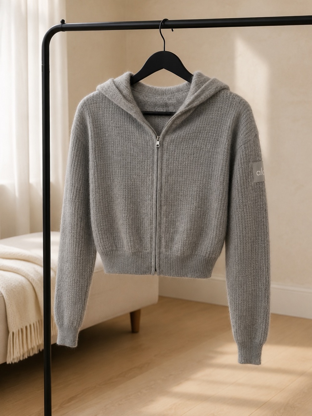 ALO Cashmere Plush Waffle Full-Zip Hoodie in Athletic Heather Grey